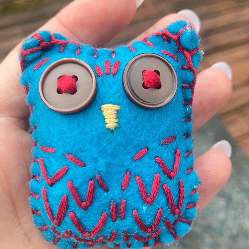 Handmade Blue Felt Owl Pin with Red Embroidery